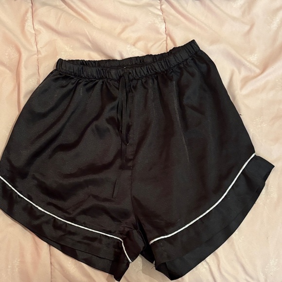 Black Satin Short Sleeve Pajama Set with White Lining - Picture 3 of 4
